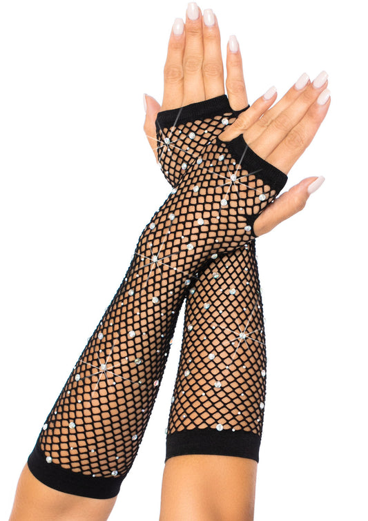 Rhinestone Fishnet Arm Warmers Black LA-2037BLK