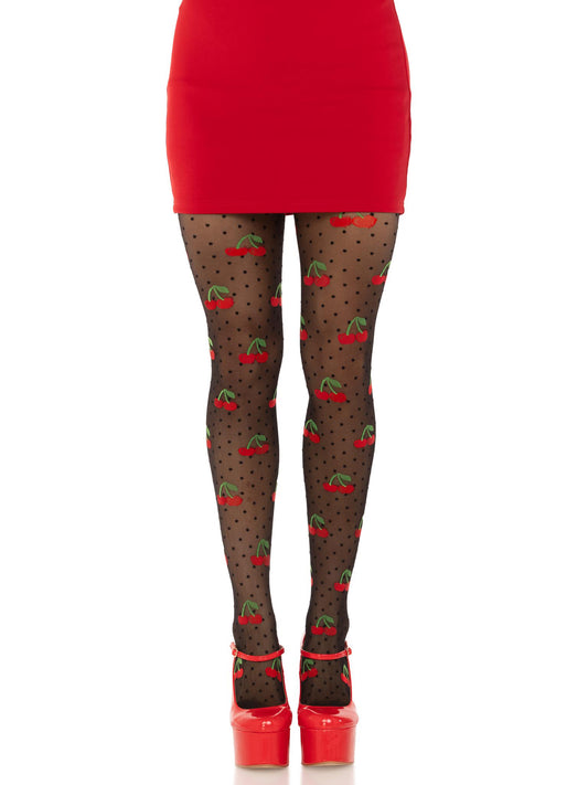 Polka Dot Cherry Tights - One Size - Black