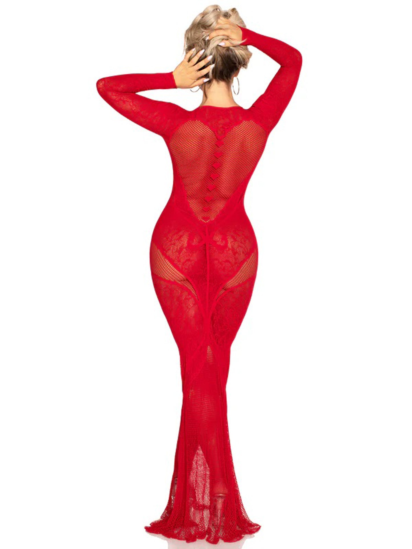 Red Lace and Net Body Con Gown -  With Heart Keyhole Detail - Os