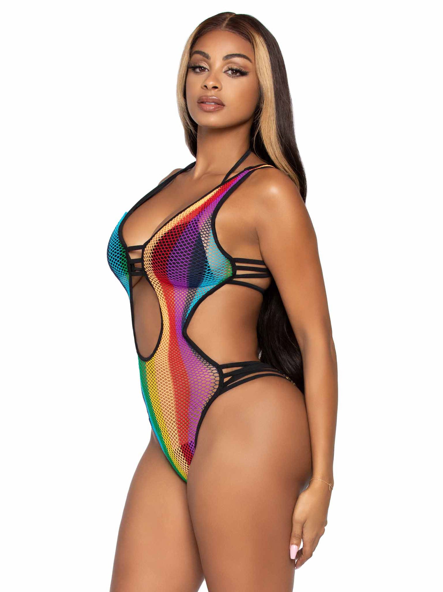 Rainbow Fishnet Cut Out Bodysuit With Strappy Bikini Back - One Size - Multicolor