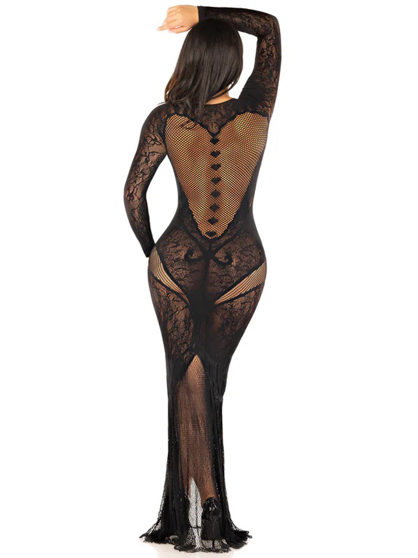 Black Lace and Net Body Con Gown -  With Heart Keyhole Detail - Os