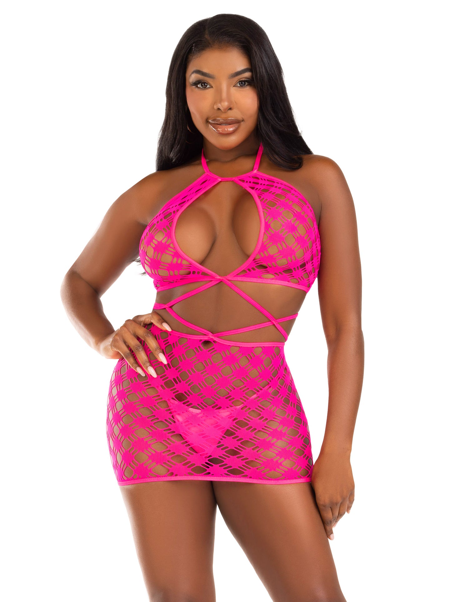 Keyhole Halter Hardcore Ney Mini Dress - One Size  - Neon Pink