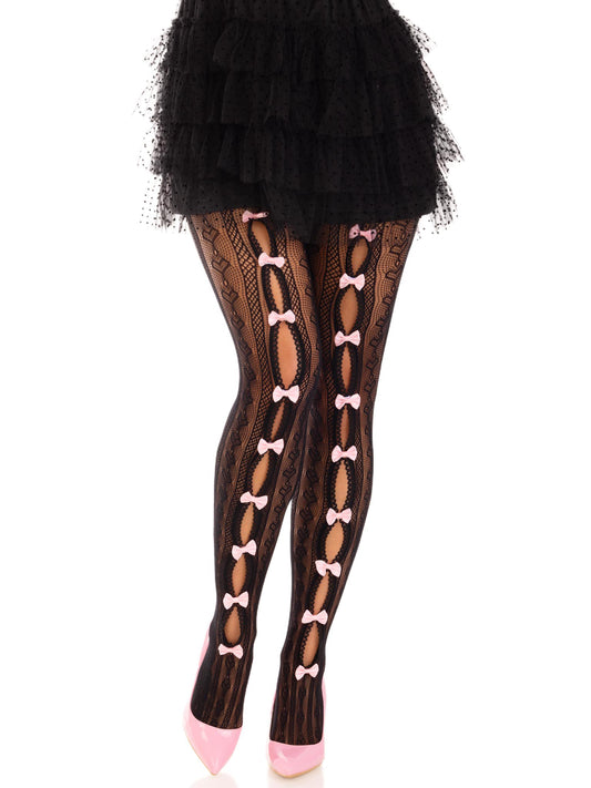 Sweetheart Striped Net Tights With Keyhole and  Mini Bow Detail - One Size - Black