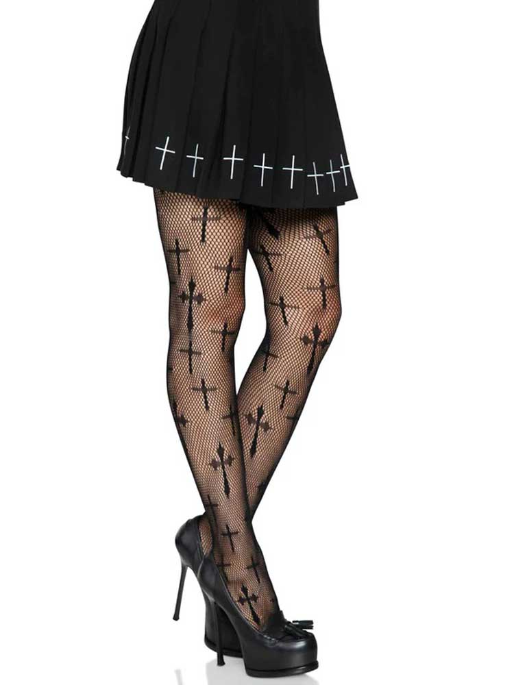 Worship Me Cross Net Tights - 1x/2x - Black