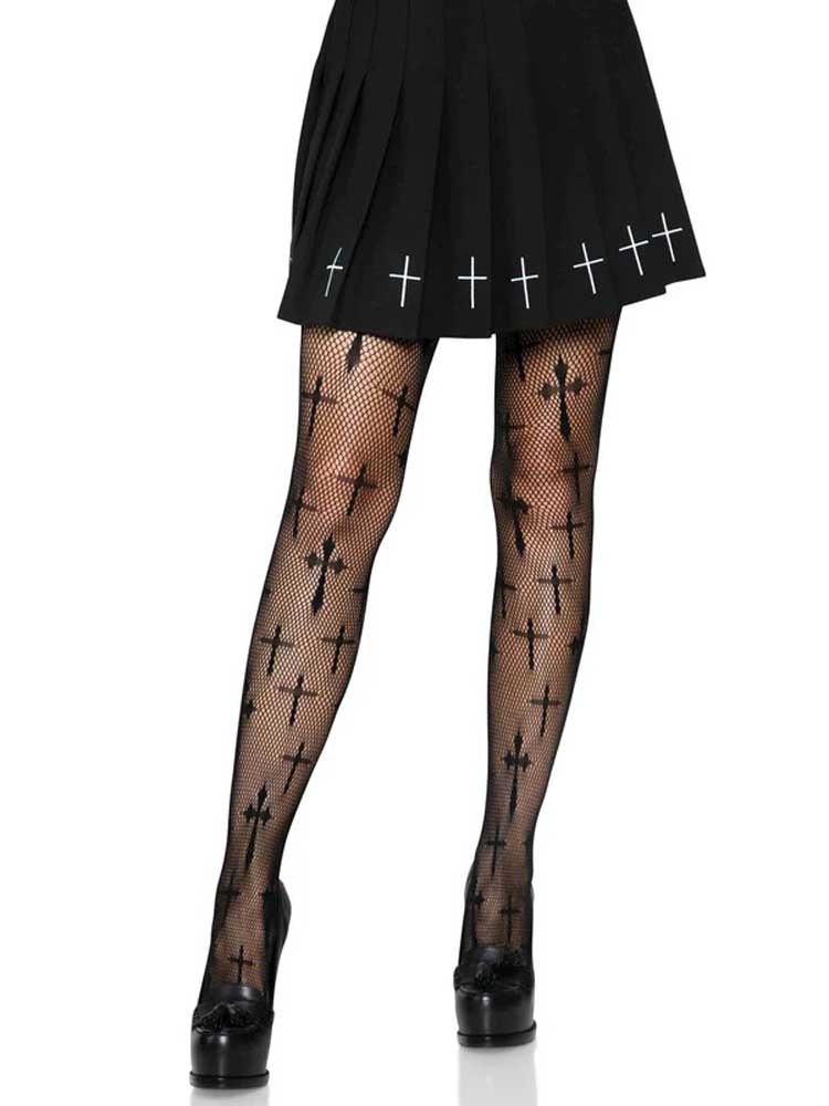 "Worship Me Cross Net Tights - 1x/2x - Black LA-9753XBLK1X2"