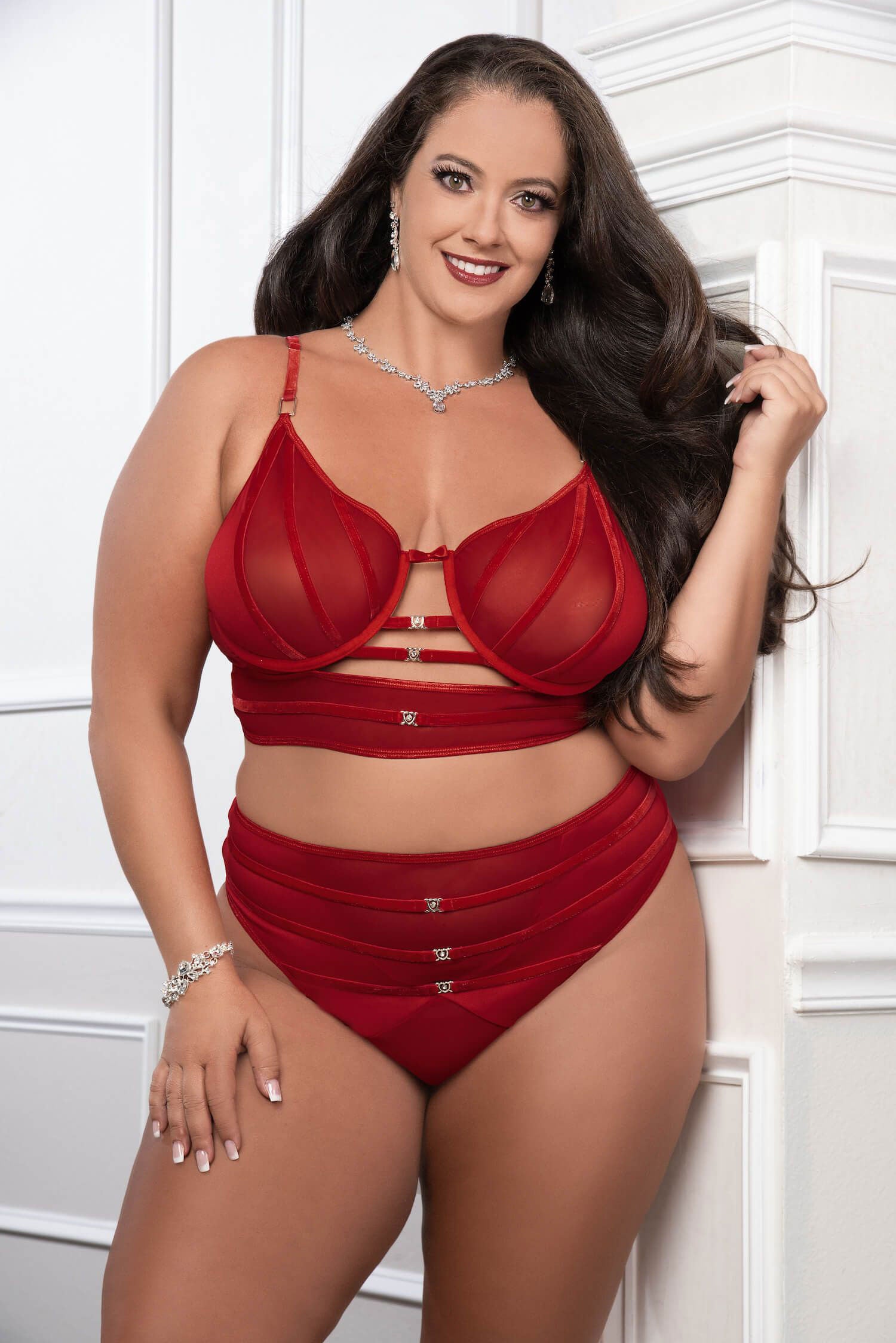 "Cinnamon Red 2pc Satin Bra and High Waist Panty - Queen Size GWD-OH2467PQRED"