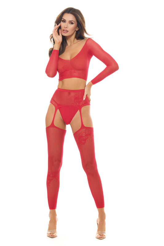 "Permanent Mark Long Sleeve Top and Garter Bodystocking Red - Os RR-7117TREDOS"