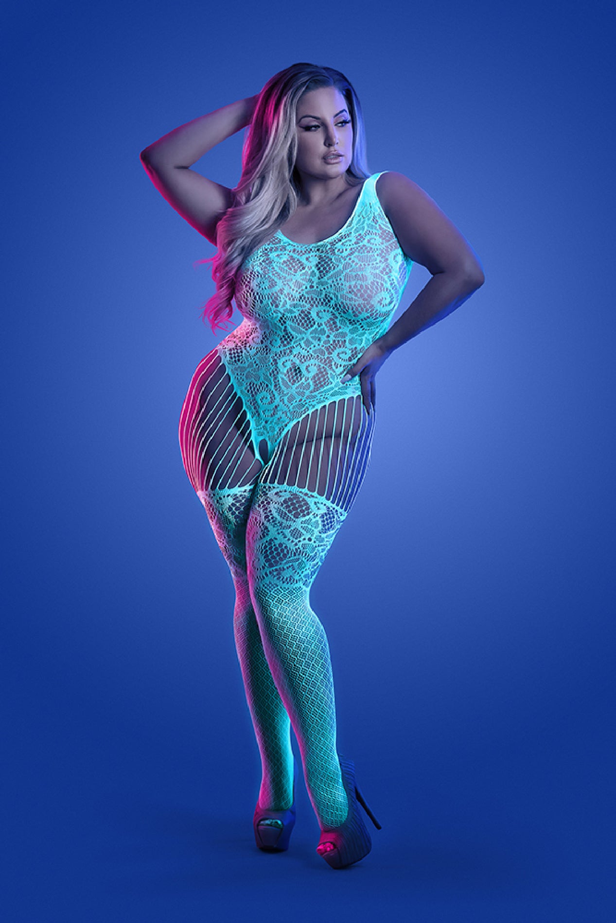 "Illuminate Crotchless Teddy Bodystocking - Queen - White/blue FL-GL2136-QS-B"