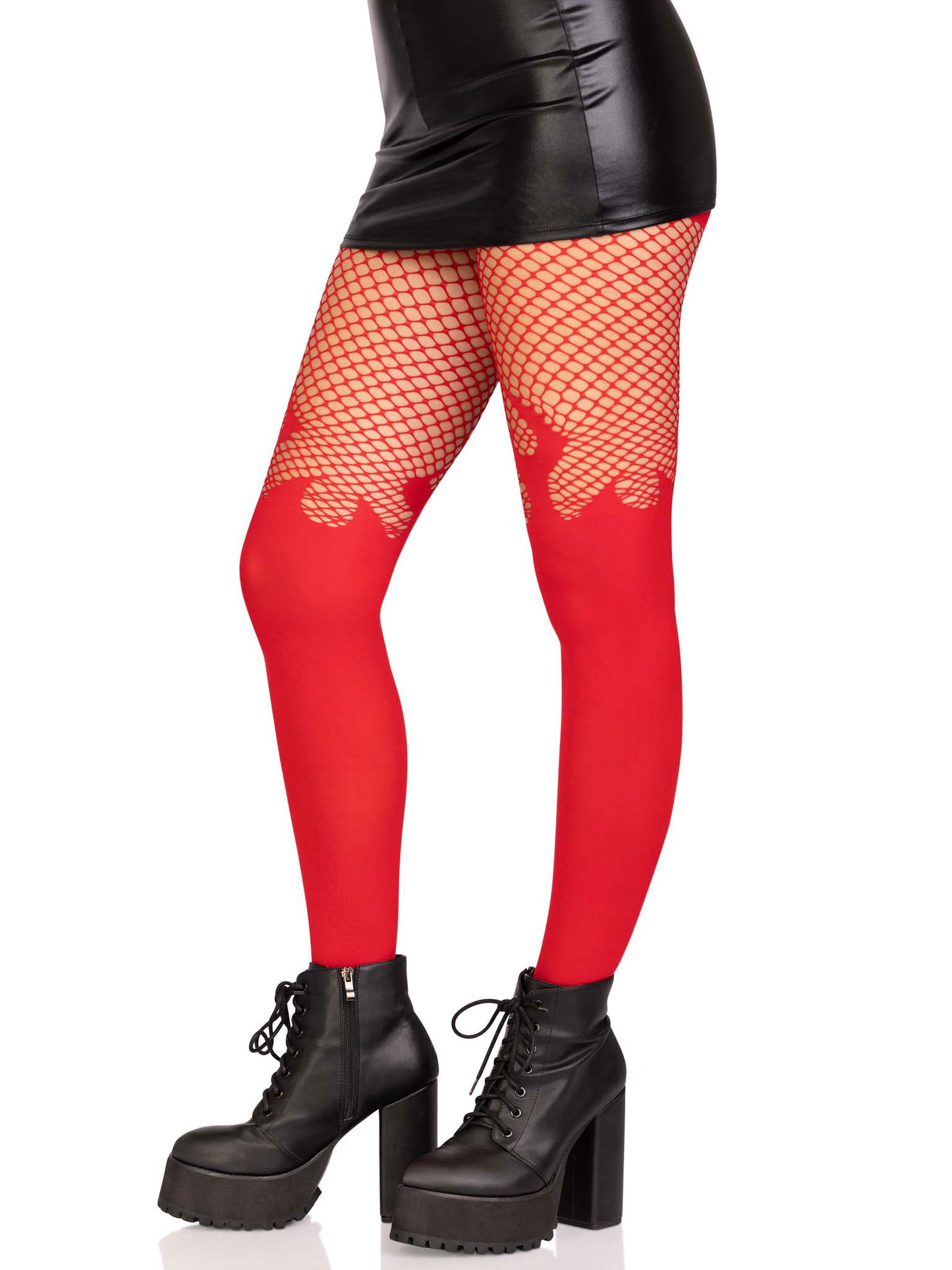 Opaque Flame Tights With Fishnet Top - One Size -  Red