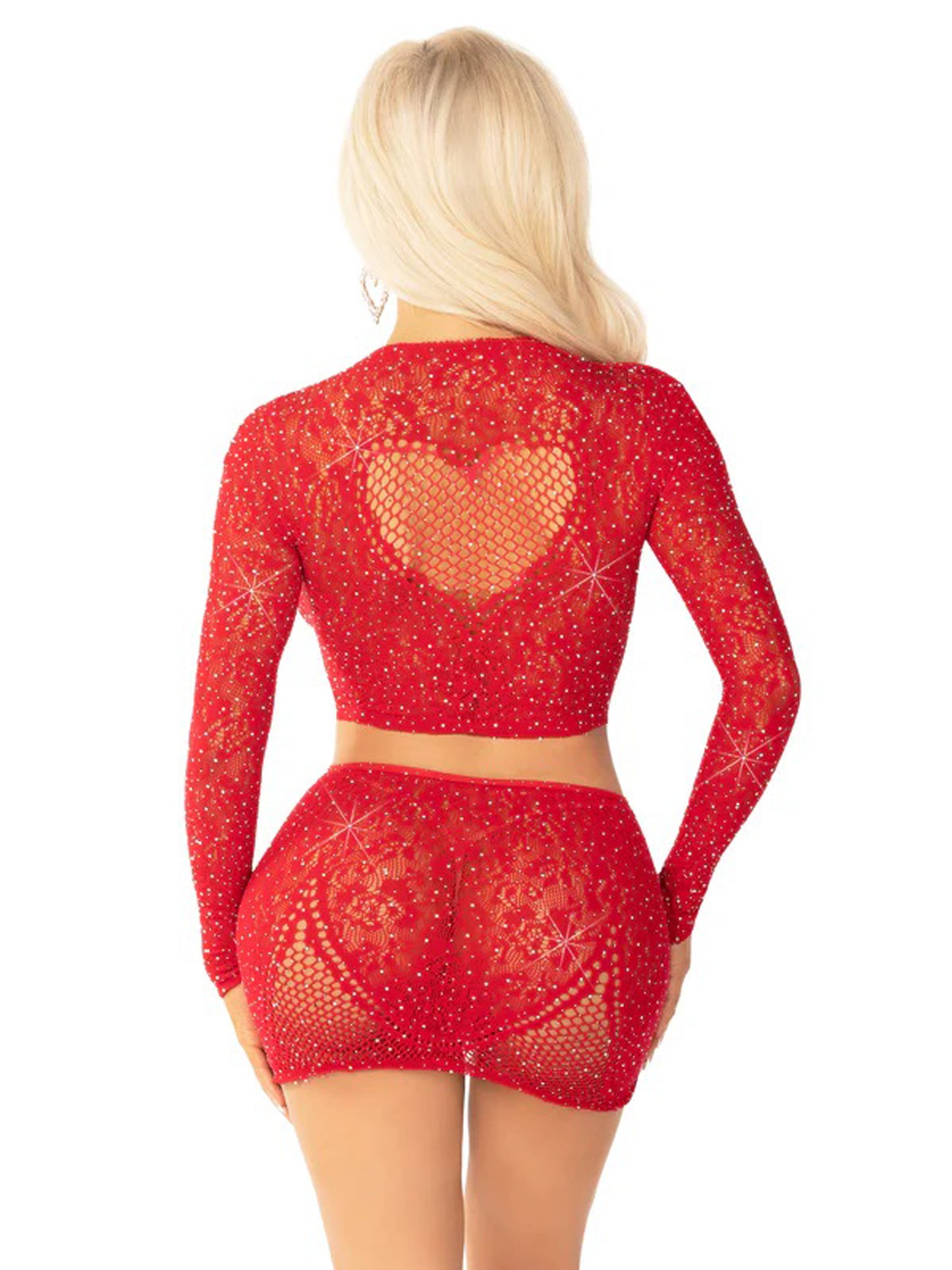 Red 2pc Rhinestone Lace and Net Crop Top With -  Heart Keyhole Mini Skirt - Os