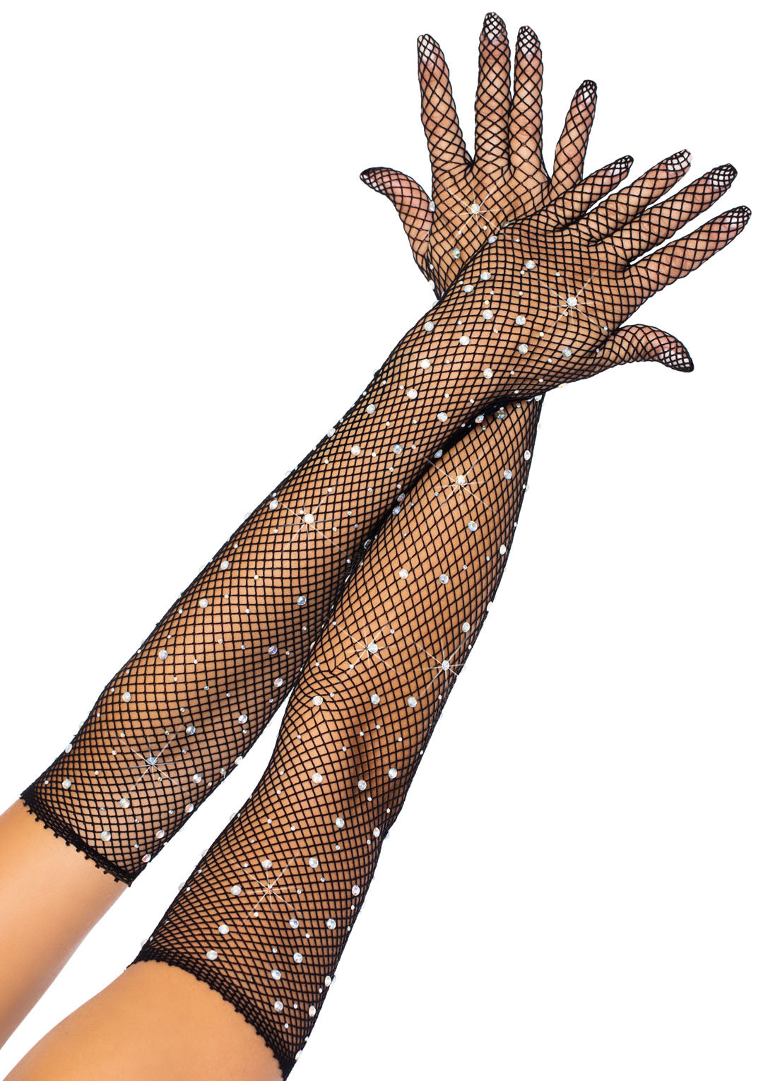 "Rhinestone Fishnet Long Gloves - Black LA-2038BLK"