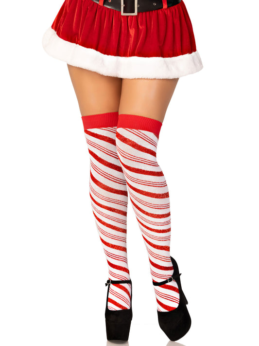 "Candy Cane Lurex Striped Socks - Over the Knee - Os - White/red LA-6647WHTOS"